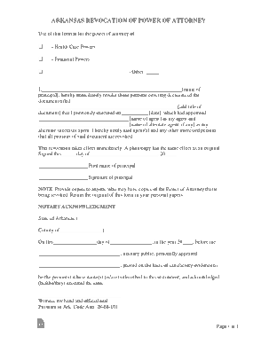 Arkansas Revocation Of Power Of Attorney Form Template