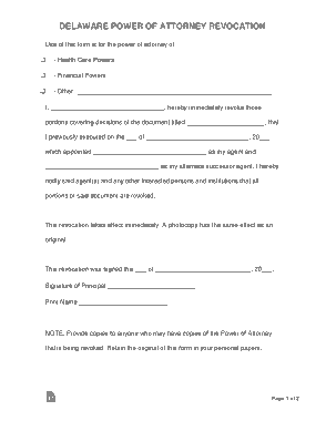 Delaware Power Of Attorney Revocation Form Template