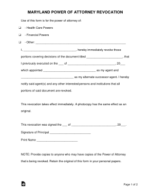 Maryland Power Of Attorney Revocation Form Template