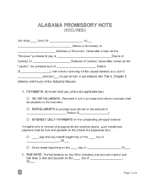 Alabama Secured Promissory Note Form Template