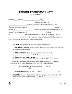 Arizona Secured Promissory Note Form Template
