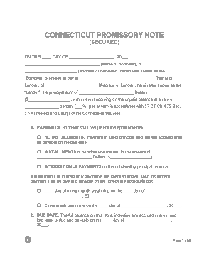 Connecticut Secured Promissory Note Form Template