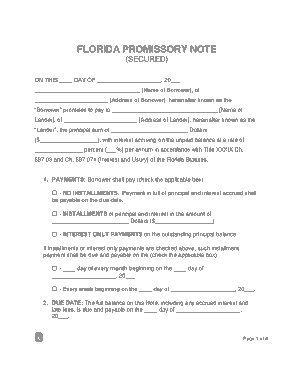 Florida Secured Promissory Note Form Template