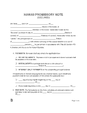 Hawaii Secured Promissory Note Form Template