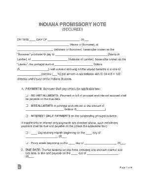 Indiana Secured Promissory Note Form Template