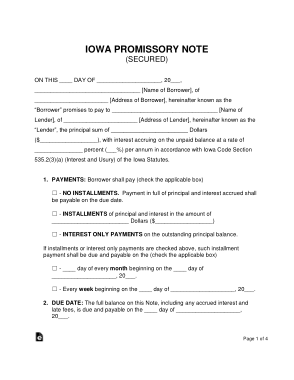 Iowa Secured Promissory Note Form Template