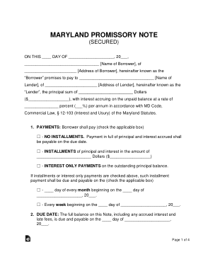Maryland Secured Promissory Note Form Template