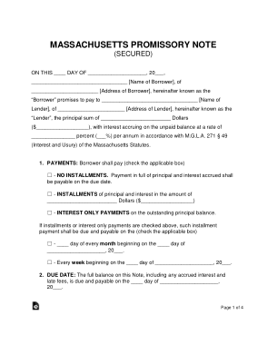Massachusetts Secured Promissory Note Form Template