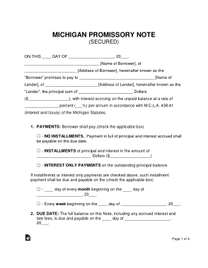 Michigan Secured Promissory Note Form Template