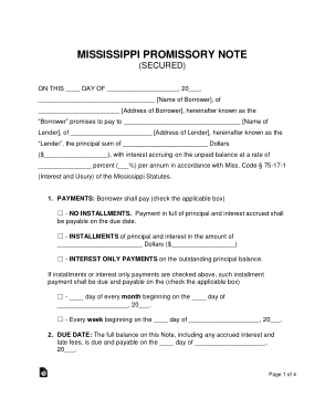 Mississippi Secured Promissory Note Form Template