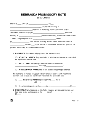Nebraska Secured Promissory Note Form Template