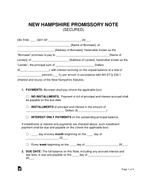 New Hampshire Secured Promissory Note Form Template