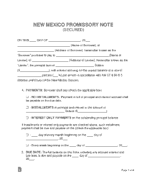 New Mexico Secured Promissory Note Form Template