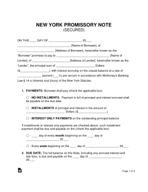 New York Secured Promissory Note Form Template