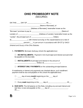 Ohio Secured Promissory Note Form Template