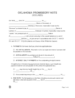 Oklahoma Secured Promissory Note Form Template