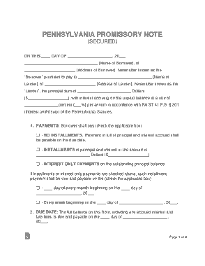 Pennsylvania Secured Promissory Note Form Template