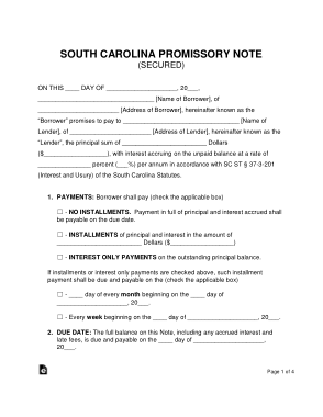 South Carolina Secured Promissory Note Form Template