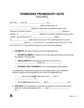 Tennessee Secured Promissory Note Form Template