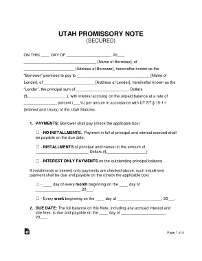 Utah Secured Promissory Note Form Template