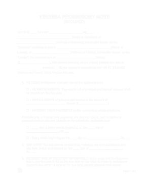 Virginia Secured Promissory Note Form Template