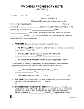 Wyoming Secured Promissory Note Form Template
