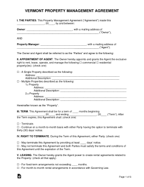 Vermont Property Management Agreement Form Template
