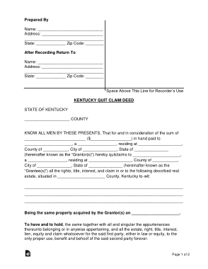 Kentucky Quit Claim Deed Form Template