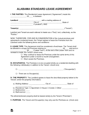 Alabama Standard Residential Lease Agreement Form Template