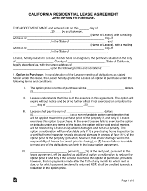 California Residential Lease Agreement With Option To Purchase Form Template