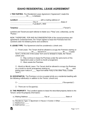 Idaho Residential Lease Agreement Form Template