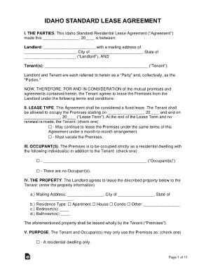 Idaho Standard Residential Lease Agreement Form Template
