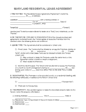 Maryland Standard Residential Lease Agreement Form Template