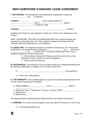 New Hampshire 1 Year Standard Residential Lease Agreement Form Template