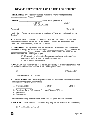 New Jersey Standard Residential Lease Agreement Form Template