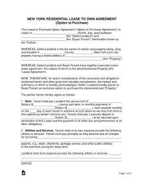 New York Residential Lease With Option To Purchase Agreement Form Template
