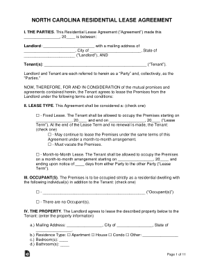 North Carolina Residential Lease Agreement Form Template
