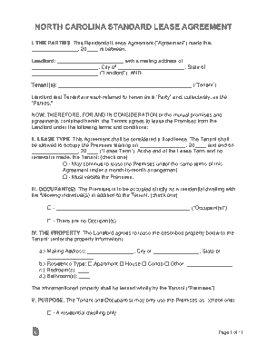 North Carolina Standard Residential Lease Agreement Form Template