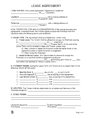 One Page Residential Lease Agreement Form Template