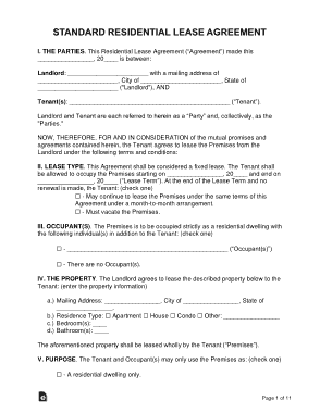 Standard Residential Lease Agreement Form Template