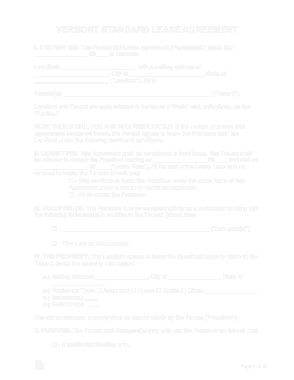 Vermont Standard Residential Lease Agreement Form Template