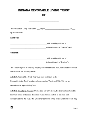 Indiana Revocable Living Trust OF Form Template
