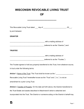 Wisconsin Revocable Living Trust OF Form Template