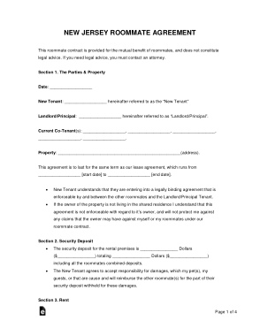 New Jersey Roommate Agreement Form Template