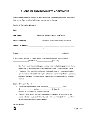 Rhode Island Roommate Agreement Form Template