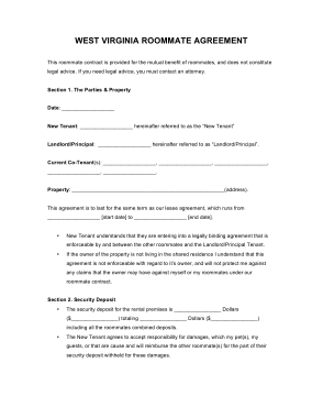 West Virginia Roommate Agreement Form Template