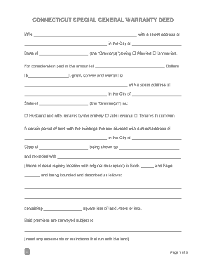 Connecticut Special Warranty Deed Form Template