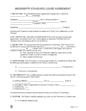 Mississippi Standard Lease Agreement Form Template