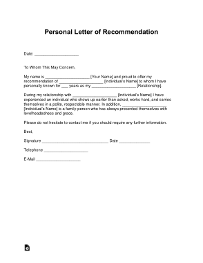 Personal Letter Of Recommendation For Employment Template