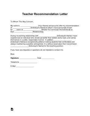 Free Download PDF Books, Teacher Recommendation Letter Template
